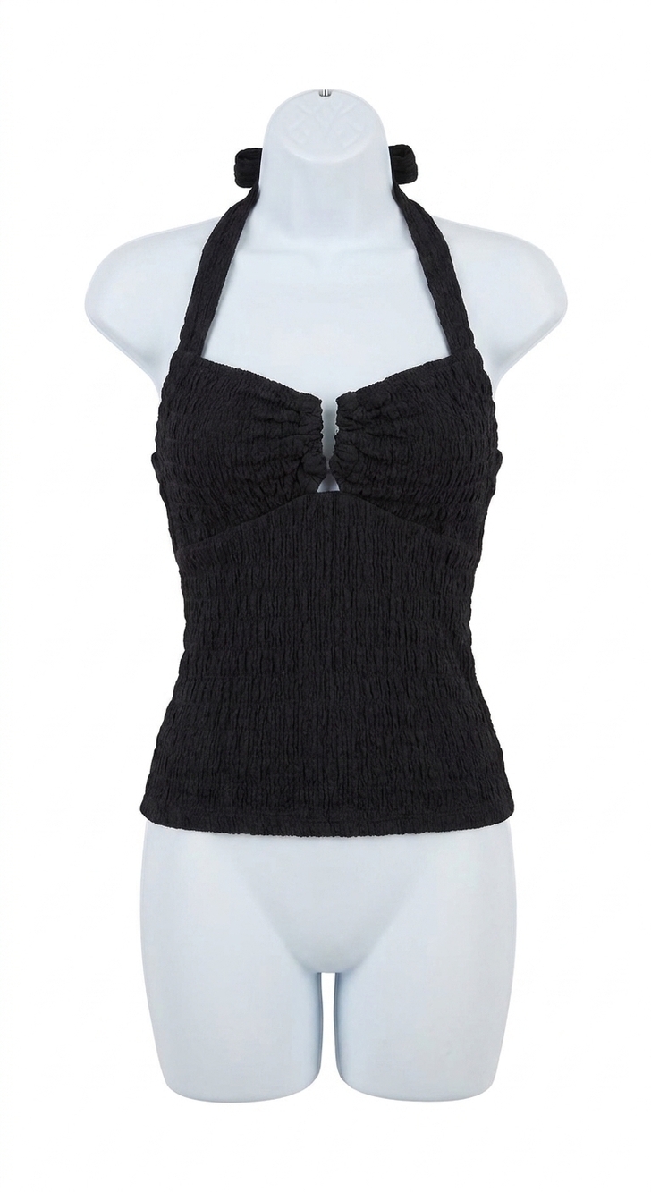 NEW VINTAGE HAVANA smocked linen halter crop top in black